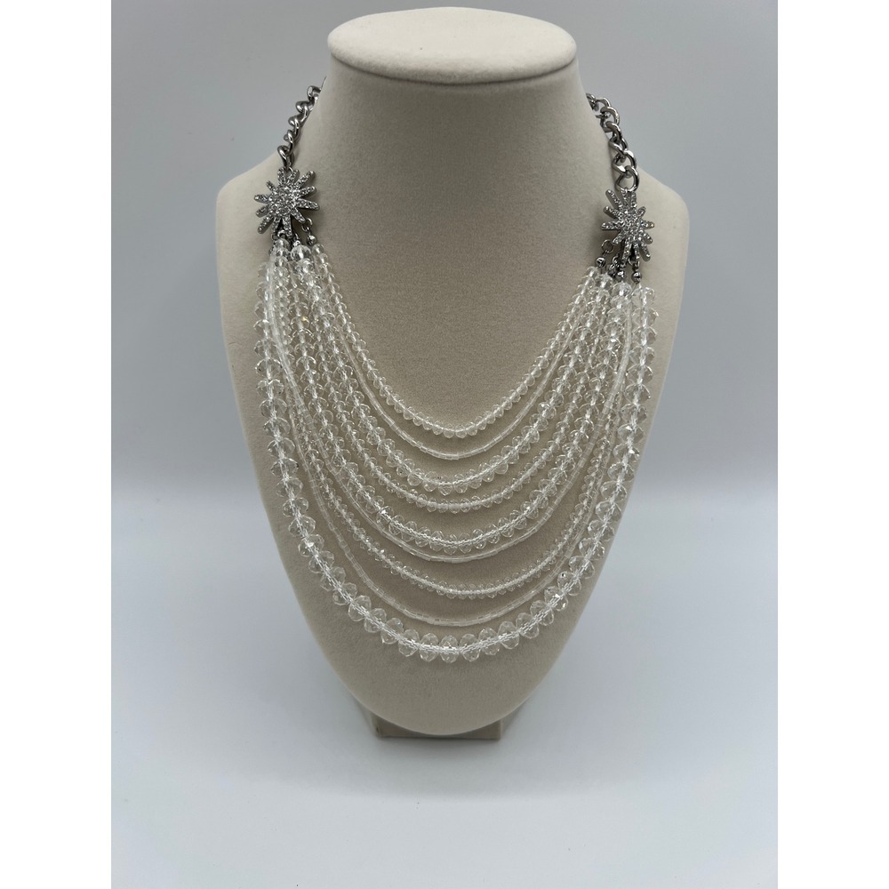 Silver Tone Clear Multi Strand Beaded Bib Necklace Rhinestone Starburst 17"